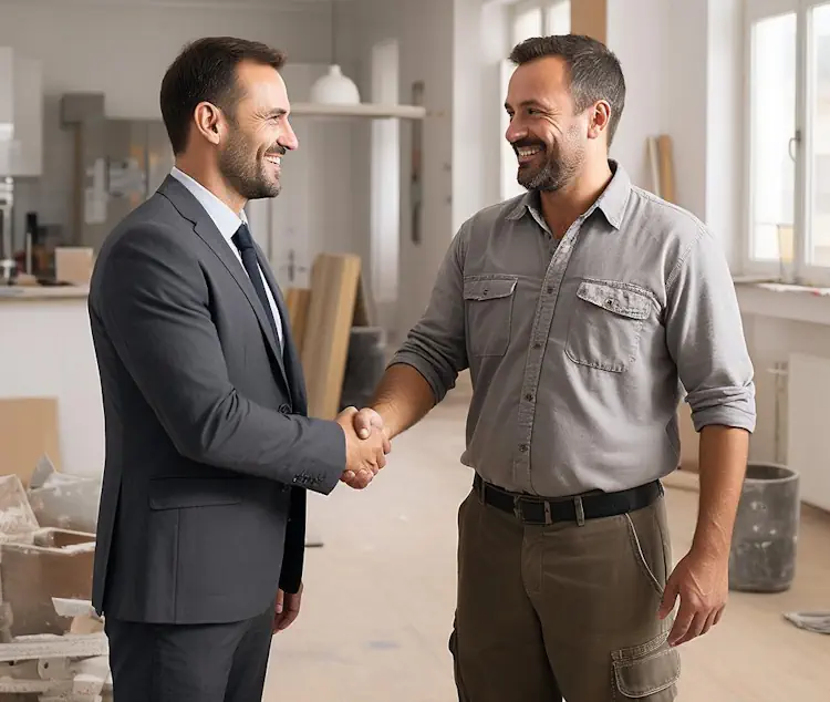 Деловая встреча заказчика и прораба в только что отремонтированной квартире