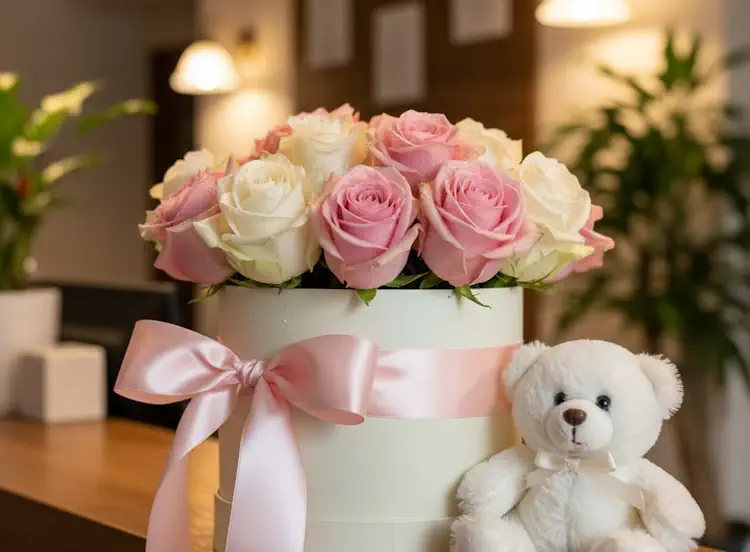 Красивая коробка с букетом роз и плюшевой игрушкой (1)